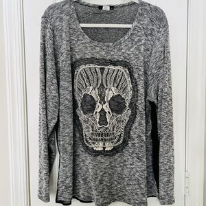 ING+ Black & Gray Super Soft Skull Embroidered Gothic Open Back Blouse Plus 3X